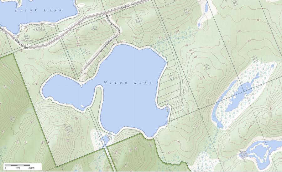 Topographical Map of Mason Lake in Municipality of Kearney and the District of Parry Sound